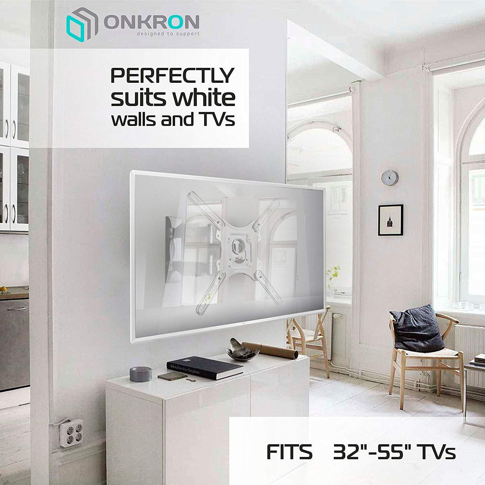 ONKRON TV Mount for Flat Panel TV Screens 32”-55” up to 77 lbs, Wall Mount for Curved Screens, M4 White